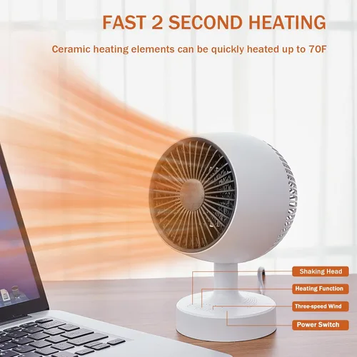 Miniatura 2 de Calentador de espacio, calentador de espacio pequeño, calentador de escritorio de 1200 W para oficina, oscilación lateral de 160°, 3 marchas Blanco
