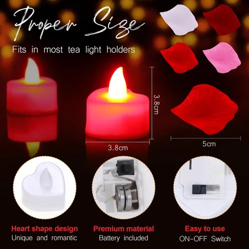Miniatura 4 de Honoson 1000 pétalos de rosa artificiales con 24 velas LED en forma de corazón sin llama, velas especiales románticas para decoración nocturna