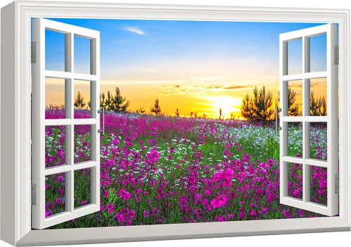 Miniatura 19 de wall26 - Cuadro en lienzo para pared, vista de ventana, atardecer neón, cielo, palmera tropical, playa, naturaleza, desierto, fotografía, realismo