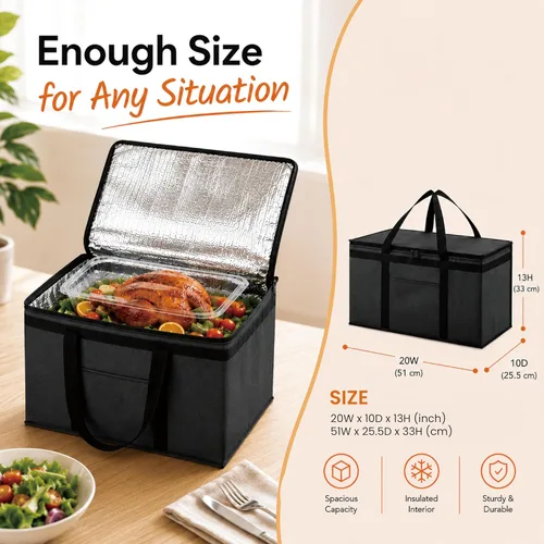 Miniatura 5 de NZ home Bolsa térmica XXL aislada y calentador de alimentos para entrega y compras de comestibles con parte superior con cremallera, color negro