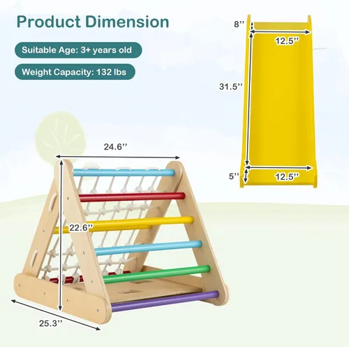 Miniatura 3 de Costzon - Juguete escalador de madera 4 en 1 para niños pequeños, escalador triangular con rampa deslizante, tabla y red para escalar, juguete
