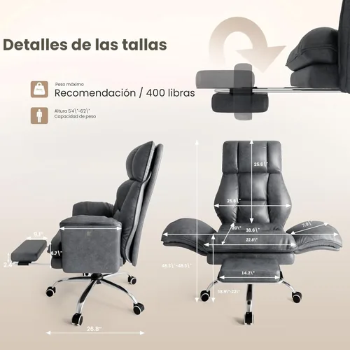 Miniatura 8 de Silla de oficina grande y alta, reposabrazos abatibles para mascotas y patas cruzadas, silla ergonómica ejecutiva para juegos de computadora
