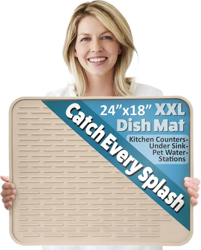 Miniatura 13 de Tapete de secado de platos de silicona XXL para encimera de cocina o debajo del fregadero, 24 x 18 pulgadas, extragrande, tapete impermeable