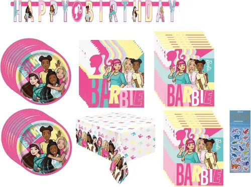 El paquete de suministros para fiesta de cumpleaños de Barbie incluye 16 platos de postre, 16 servilletas, 16 tazas, 1 mantel de mesa, 1 pancarta de