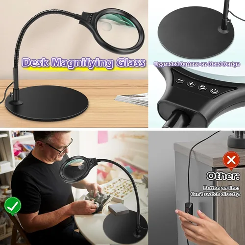 Miniatura 4 de NZQXJXZ Lupa de escritorio de 10 x 20 veces con luz y soporte, lámpara de aumento con 3 modos de color, luz iluminada para manualidades manos