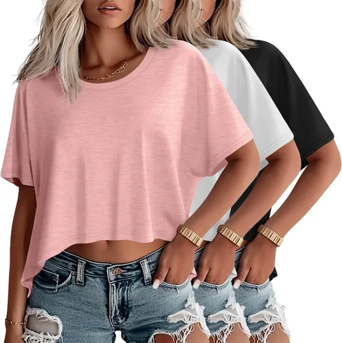 Miniatura 8 de Huukeay Paquete de 3 camisetas recortadas de gran tamaño para mujer, manga corta, holgadas, cuello redondo, holgadas, para entrenamiento