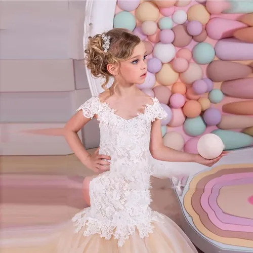 Miniatura 4 de Vestidos de sirena para niña de flores para boda, encaje blanco, tul champán, vestido de dama de honor con cola