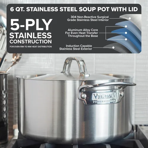 Miniatura 2 de Viking Olla de acero inoxidable de 5 capas, olla de cocina de sopa de 6 cuartos de galón con tapa, utensilios de cocina, acabado satinado
