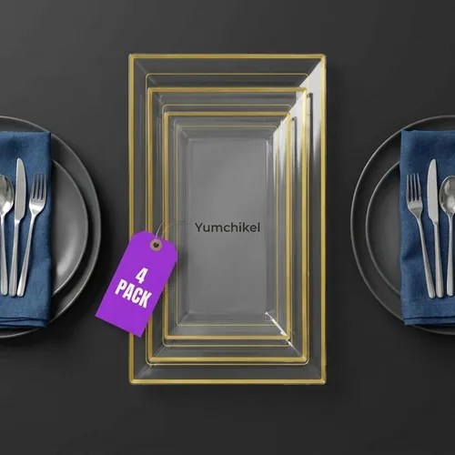 Miniatura 7 de Bandeja de Servir de Plástico Transparente (Paquete de 4) Bandejas y Platos Desechables Transparentes con Borde Dorado para Servir Alimentos