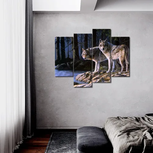 Miniatura 3 de Dos lobos en la orilla del río, bosque, arte de pared, cuadros de lobos impresos en lienzo animal la imagen para decoración moderna del hogar