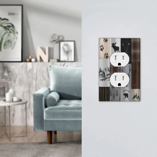 Miniatura 7 de Cubiertas de pared de lodge rústico retro con diseño de osos, ciervos y animales salvajes. Placas de pared dúplex simples para interruptor de luz.