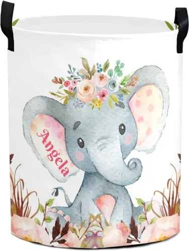Cestas de lavandería personalizadas con diseño de elefante y flores rosas con nombre, cestas de almacenamiento plegables con asas para playa y Multi