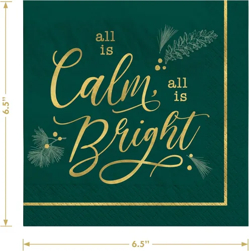 Miniatura 4 de HOME & HOOPLA Platos y servilletas de papel grandes para fiesta de Navidad, diseño calmado y brillante en verde y dorado moderno (para 16 personas)