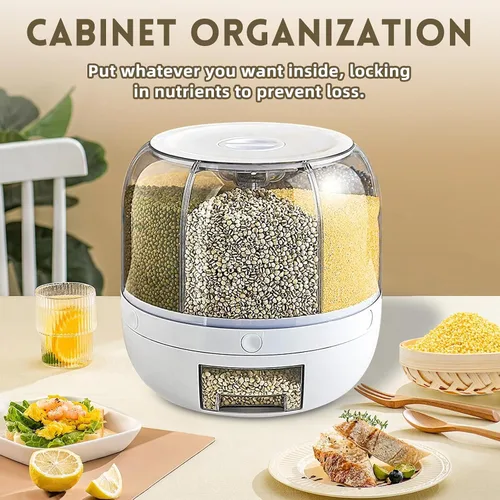 Miniatura 8 de Dispensador de Contenedor de Almacenamiento de Granos, Dispensador de Arroz Giratorio de 6 Compartimentos, Dispensador de Alimentos Giratorio