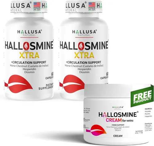 Hallosmine Xtra - Soporte para la circulación y las venas, diosmina hesperidina y castaño de indias 850 mg + crema de piernas gratis, pies