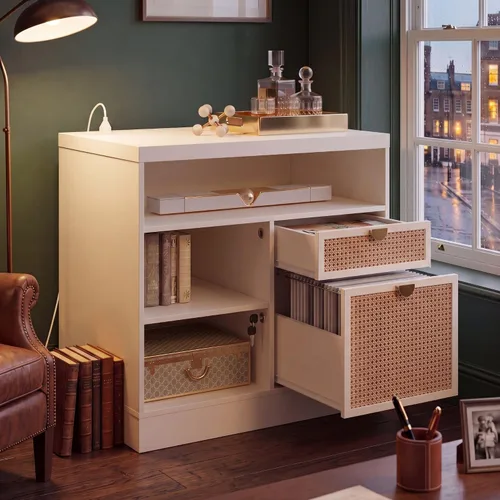 Miniatura 3 de ModernMate Archivador lateral de 2 cajones, archivador de madera para oficina en casa con cerradura, tira de alimentación y estantes