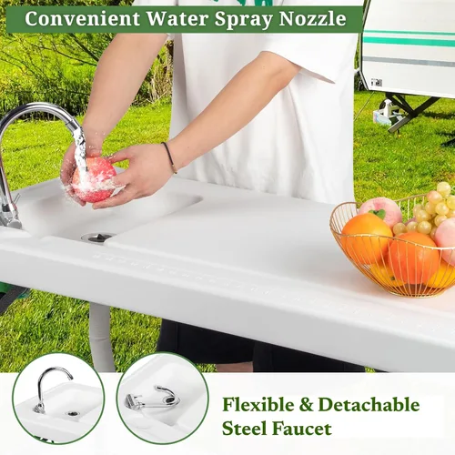 Miniatura 4 de VINGLI Mesa de limpieza plegable para peces y juegos para exteriores con fregadero, portátil y duradera, conexión estándar de jardín, manguera