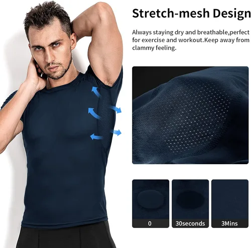 Miniatura 3 de Niksa Camisas de compresión para hombre, paquete de 3, camisetas de compresión atléticas de manga corta, camisetas de entrenamiento frescas y secas