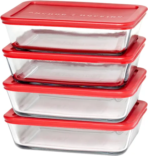Anchor Hocking - Juego de recipientes rectangulares SnugFitTM para almacenamiento de alimentos con tapas (4 piezas, 6 tazas, rojo, apto para horno)