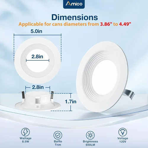 Miniatura 6 de Amico - Iluminación empotrada LED 5CCT de 4 pulgadas, paquete de 6 unidades, regulable, clasificación IC, 8.5W = 60W, 650 lm con borde deflector