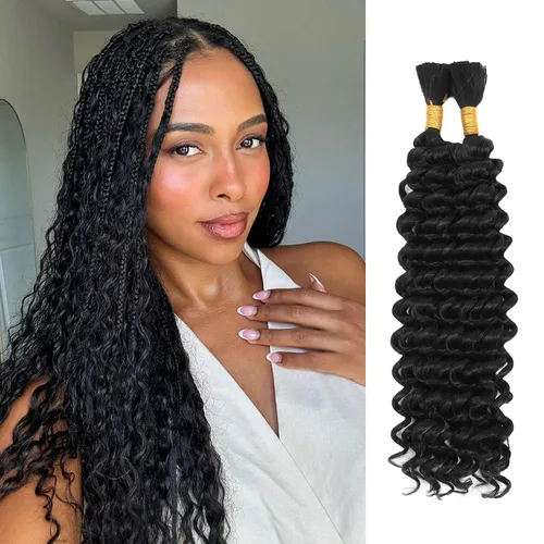 Mezcla de cabello humano trenzado sintético bohemio para trenzar, 16 pulgadas de onda profunda a granel para trenzas bohemias, 2 piezas de cabello 1b
