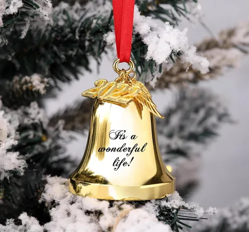 Miniatura 7 de JUPPE 2025 Campanas de Navidad Grabadas en Oro "Es una Maravillosa Vida" Adornos Colgantes para Árbol de Navidad Adornos de Boda y Aniversario