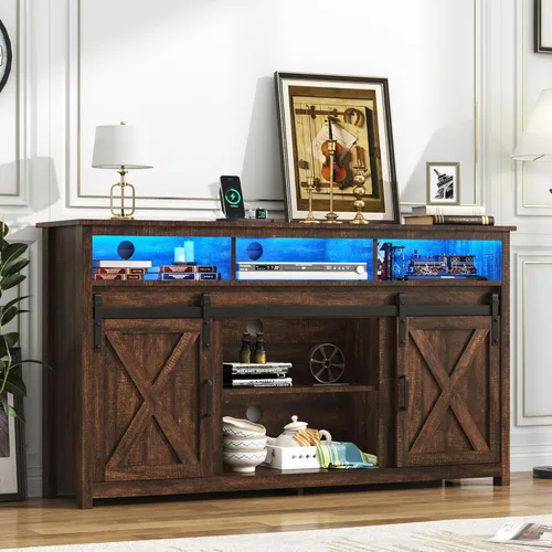 Miniatura 6 de Soporte de TV LED Estilo Casa de Campo para TVs de 65 pulgadas, Centro de Entretenimiento Rústico Soportes de Gabinete de TV con Tomas de Corriente