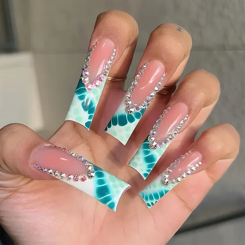 Miniatura 17 de IMSOHOT Uñas postizas, acrílicas de color naranja mate, puntas francesas cuadradas, 24 unidades, uñas extra largas con pegamento con bonitos diseños