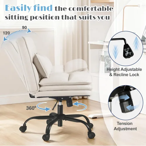 Miniatura 3 de Furmax Silla de Oficina con Patas Cruzadas con Ruedas, Asiento Extra Ancho Sin Brazos Silla de Escritorio Giratoria, Altura Ajustable Silla