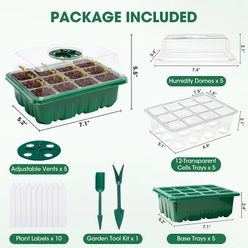 Miniatura 6 de 5 paquetes de bandejas para semillas con cúpula de humedad, kit de inicio de semillas con base transparente con orificios de drenaje