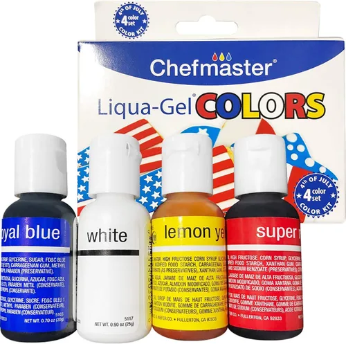 Chefmaster - Kit de colores alimenticios de gel liquado del 4 de julio - Paquete de 4 - Colores patrióticos vibrantes, fórmula fácil de mezclar,