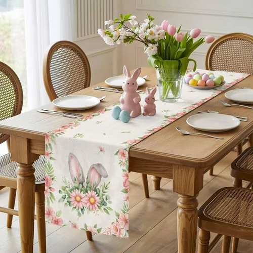 Miniatura 6 de Camino de mesa de Pascua de 36 pulgadas con orejas de conejo para decoración de mesa de cocina y comedor con flores de primavera
