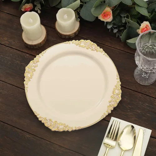 Miniatura 39 de Tableclothsfactory Paquete de 10 platos redondos de plástico barroco dorado de 8 pulgadas para ensalada de postre, vajilla desechable con borde