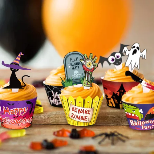 Miniatura 4 de 164 envoltorios para cupcakes de Halloween, tela de araña, calabaza, zombi, tartas de mano, suministros de decoración de fiesta