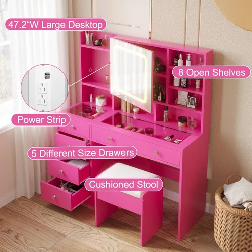 Miniatura 6 de Karl home Tocador de maquillaje con espejo iluminado, escritorio para dormitorio con estación de carga, juego de tocador grande con escritorio