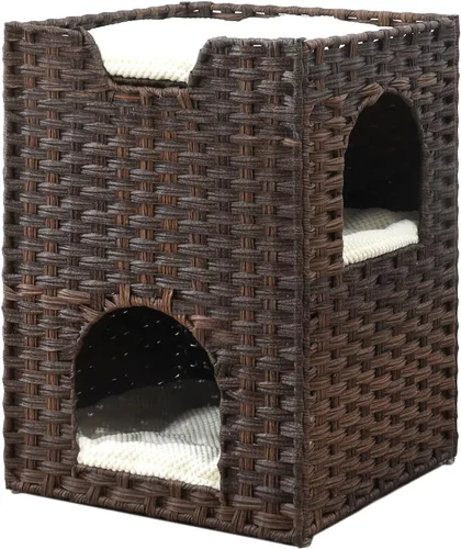 Cama para gatos de interior, un elegante escondite para gatos y una casa para gatos, cama tipo cueva de ratán tejida a mano con cojín suave, cubos