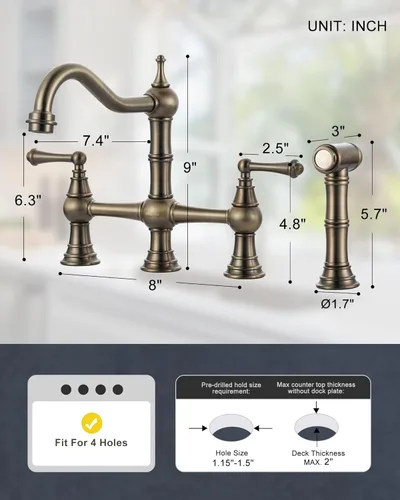 Miniatura 4 de Grifo de Cocina de Puente con Rociador Lateral, WOWOW Grifo de Cocina de Latón Macizo para Fregadero de 4 Agujeros Bronce Antiguo Grifo de Fregadero