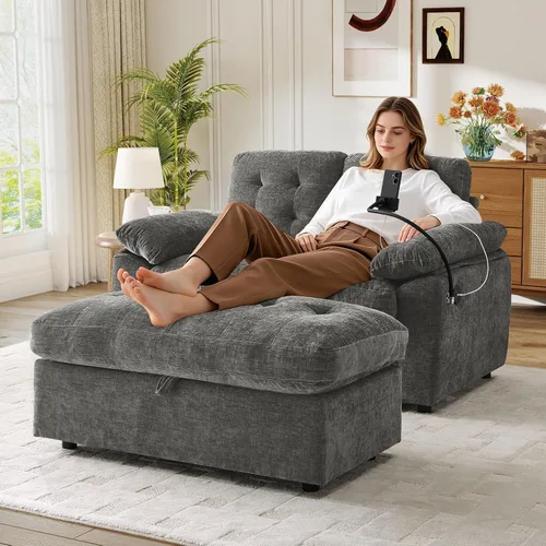 Miniatura 21 de Chaise Lounge Chair para interiores con puerto USB y soporte para teléfono, sillón reclinable pequeño de felpilla con otomana de almacenamiento