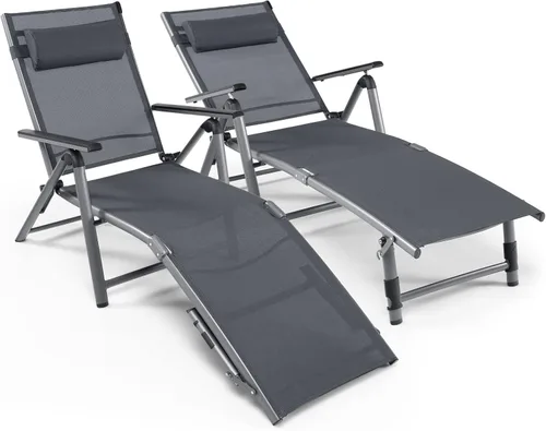Miniatura 9 de Tangkula 2 sillones de aluminio para exteriores, tumbona plegable para patio con 8 respaldos y 2 posiciones ajustables de patas, sillón reclinable