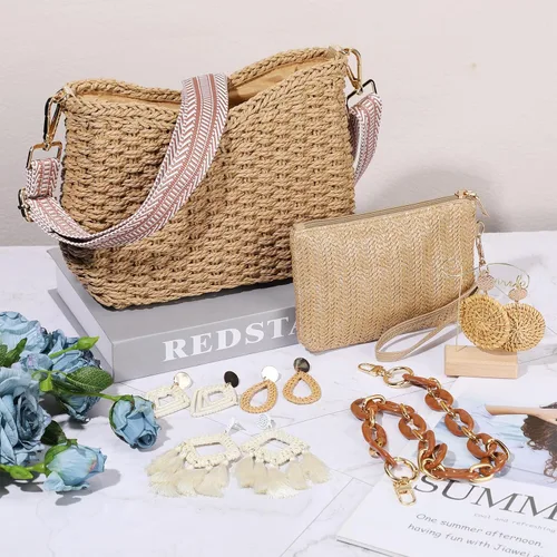 Miniatura 6 de Sweetude Bolso de mano de paja para mujer, juego de aretes de ratán, bolsa de paja de verano, playa, bolso bohemio, cartera tejida para vacaciones