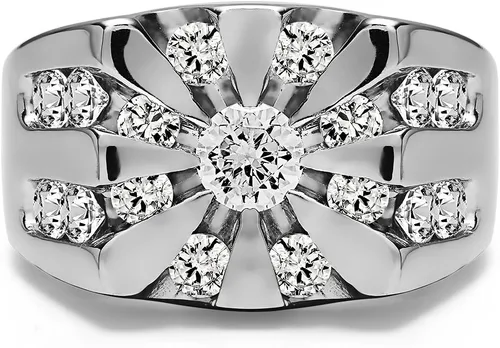 Miniatura 3 de TwoBirch Anillo de plata de ley con canal redondo estilo Sun Burst para hombre con circonita cúbica (tamaño 2 quilates)