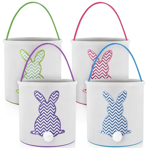Miniatura 12 de 4 unidades de cesta de conejo de Pascua para niños, bolsas de tela de algodón, vacías personalizadas, cesta de huevos de caramelo, cubos