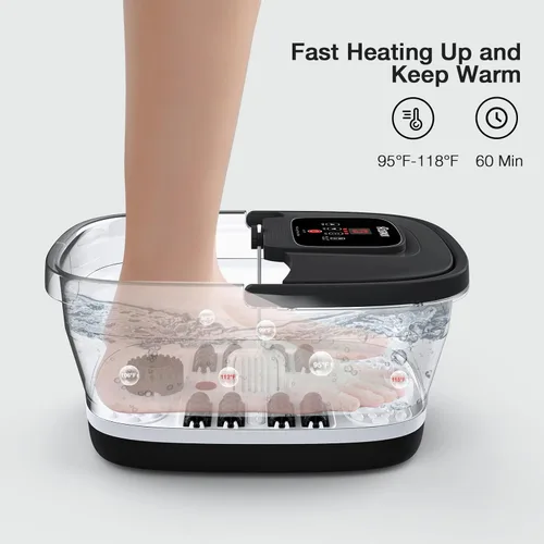 Miniatura 3 de HOSPAN Tina de pies plegable con calor, burbujas, luz roja y control de temperatura, masajeador de baño de pies con 8 rodillos de masaje shiatsu
