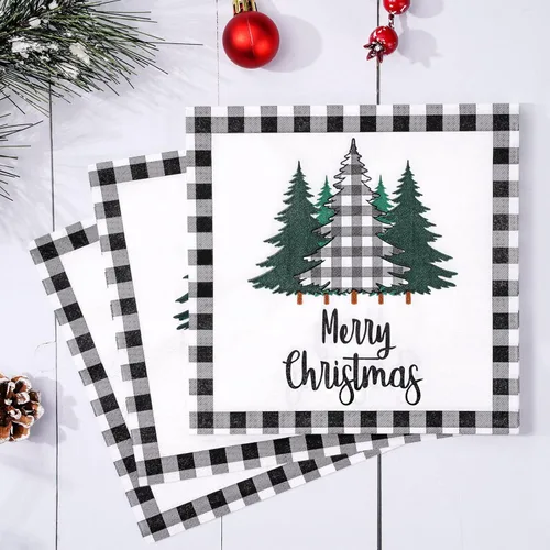 Miniatura 4 de Whaline Paquete de 80 servilletas de Navidad de papel con diseño de árbol de Navidad, diseño de búfalo blanco y negro, servilletas desechables