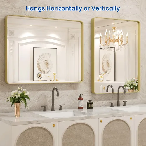 Miniatura 5 de WEER - Espejo de baño dorado, espejo de marco de metal dorado cepillado de 24x36 pulgadas, espejo de baño de tocador dorado de forma rectangular