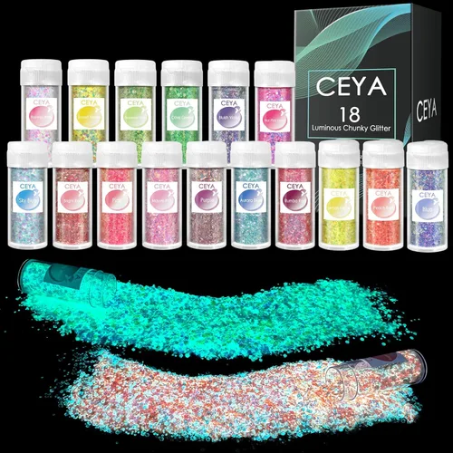 Ceya Juego de purpurina que brilla en la oscuridad, 18 colores, 6.3 onzas/6.35 oz, mezcla de purpurina gruesa luminosa, copos de polvo fino,