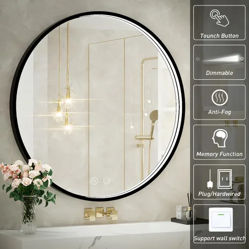 Miniatura 2 de Espejo de baño LED redondo de 36 pulgadas, espejo de tocador antivaho regulable con control táctil, luz natural de 6000 K, marco de metal negro