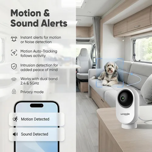 Miniatura 2 de Waggle Mini cámara RV – Cámara de seguridad inalámbrica HD de 1080p para caravanas – Tarjeta SD integrada (128 GB), audio bidireccional, visión