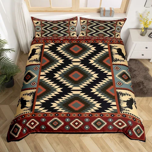 Miniatura 12 de Funda de edredón rústica tamaño Queen, juego de ropa de cama retro para cabaña de cabaña, oso de caza, ciervo, hojas de arce, funda de edredón