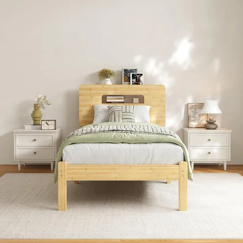Miniatura 13 de ZIYOO Marco de cama de madera de bambú maciza tamaño individual con cabecera de almacenamiento, marco de cama plataforma de 14 pulgadas
